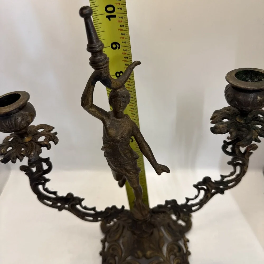 Vintage Bronze Candelabra Lady Figurine 2-Arm Candle Holder Ornate Victorian Bro